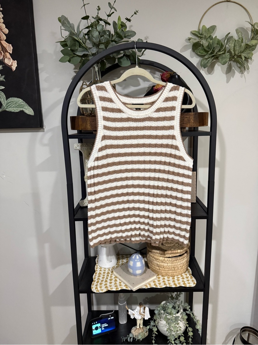 Halogen Striped Knit Sweater Tank Top XL Brown Cream Sleeveless